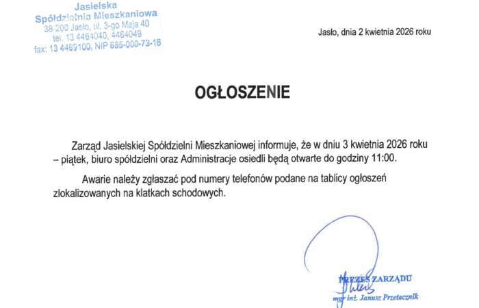 3 kwietnia 2026 roku - skrócony czas pracy Jasielskiej Spółdzielni Mieszkaniowej