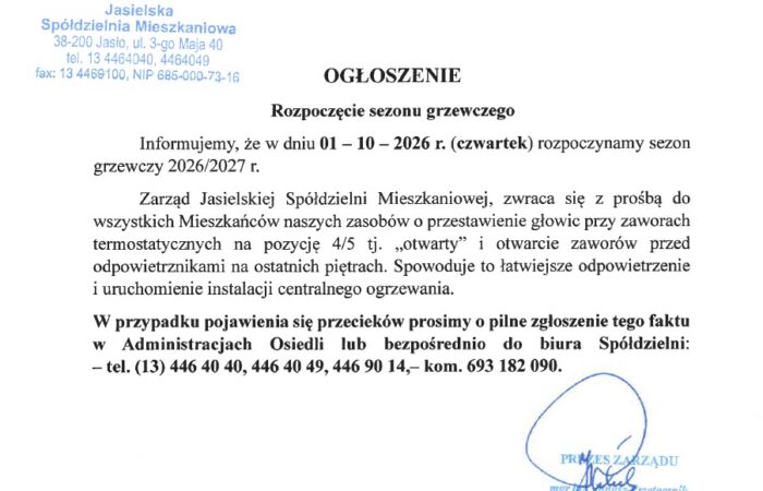 Rozpoczęcie sezonu grzewczego - 1 października 2026 roku