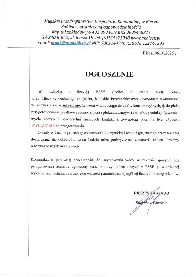 Mpgk Biecz Ogłoszenie Woda Październik 2026