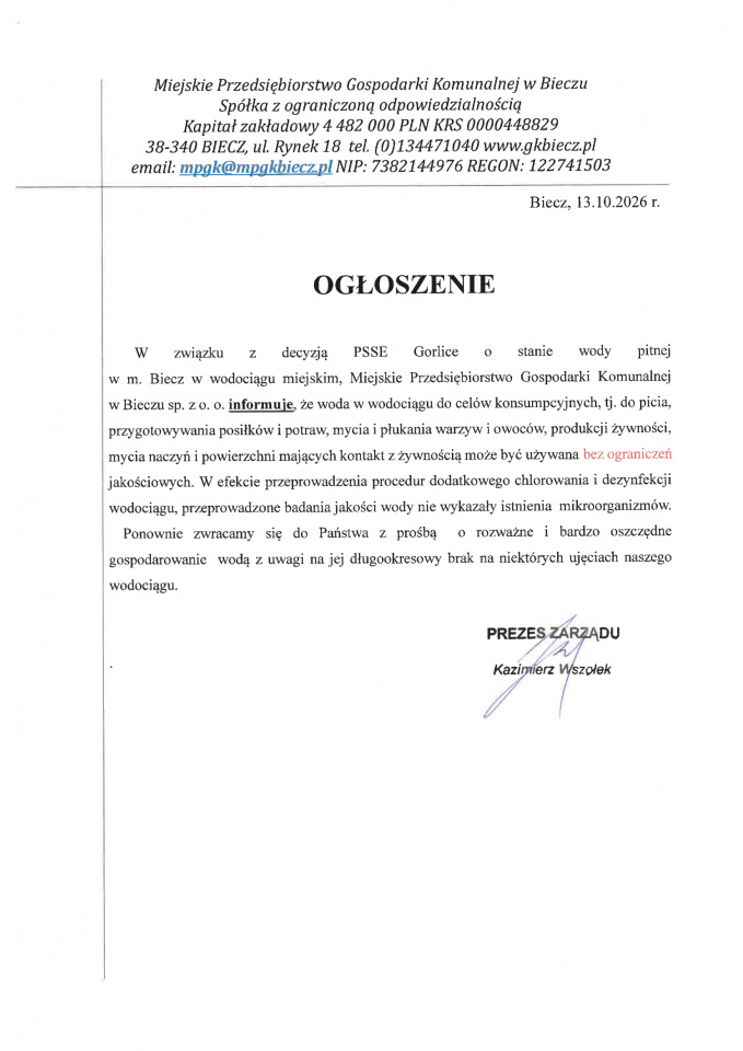 Mpgk Biecz Woda Pitna Odwołanie